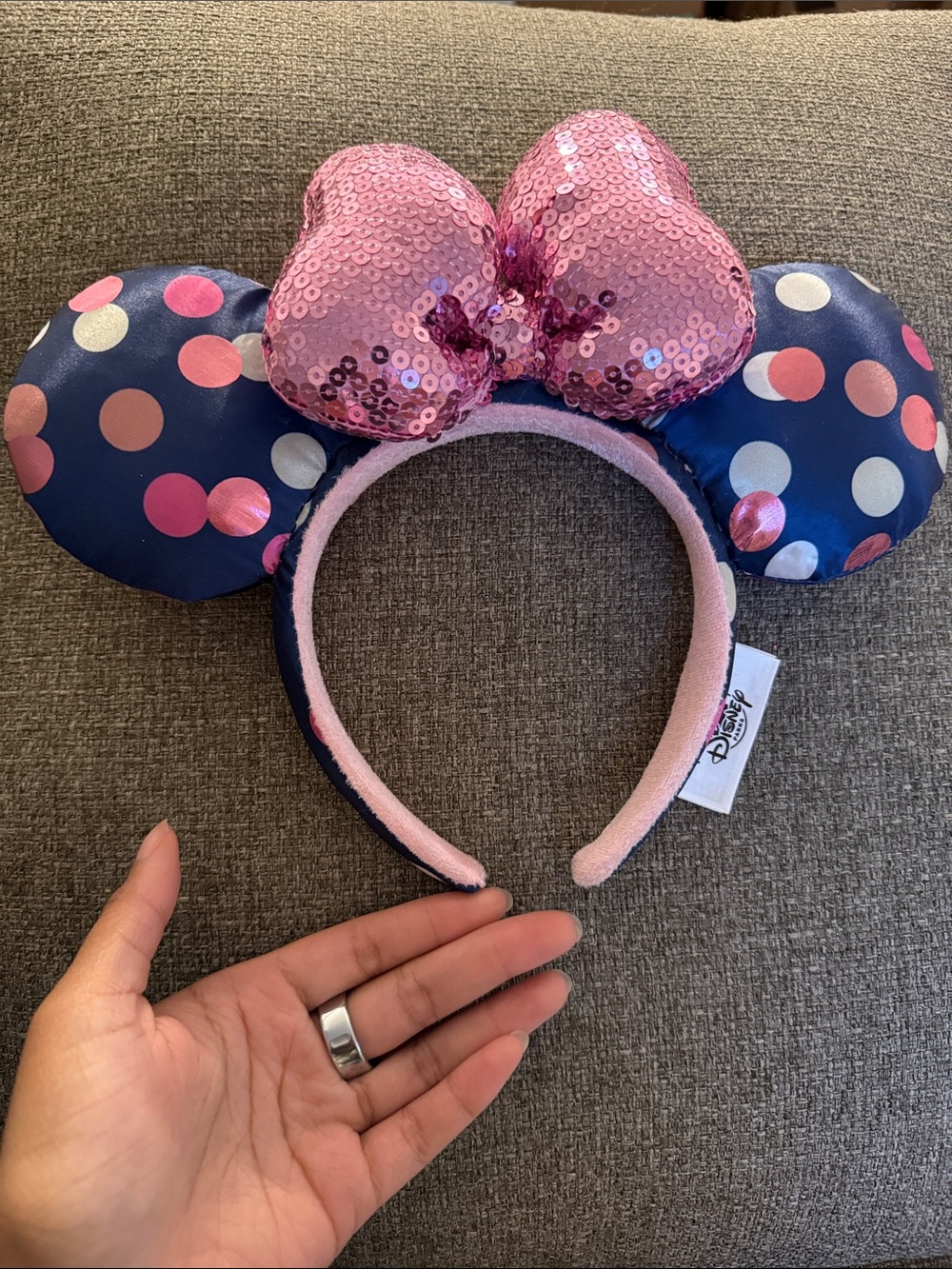 Disney Navy Polka Dot Minnie Ear Headband with Pink Sequin Bow